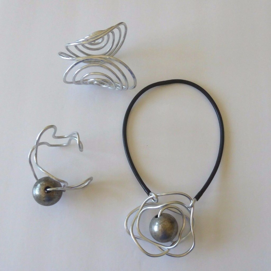 Silver Tone Metal 2 Bracelets + Necklace, Large